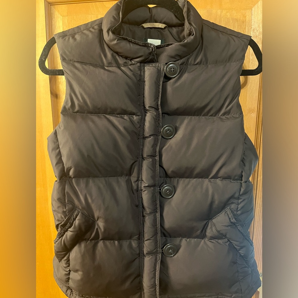J Crew M Brown Puffer Vest Vintage Buttons and Zip Snap pockets